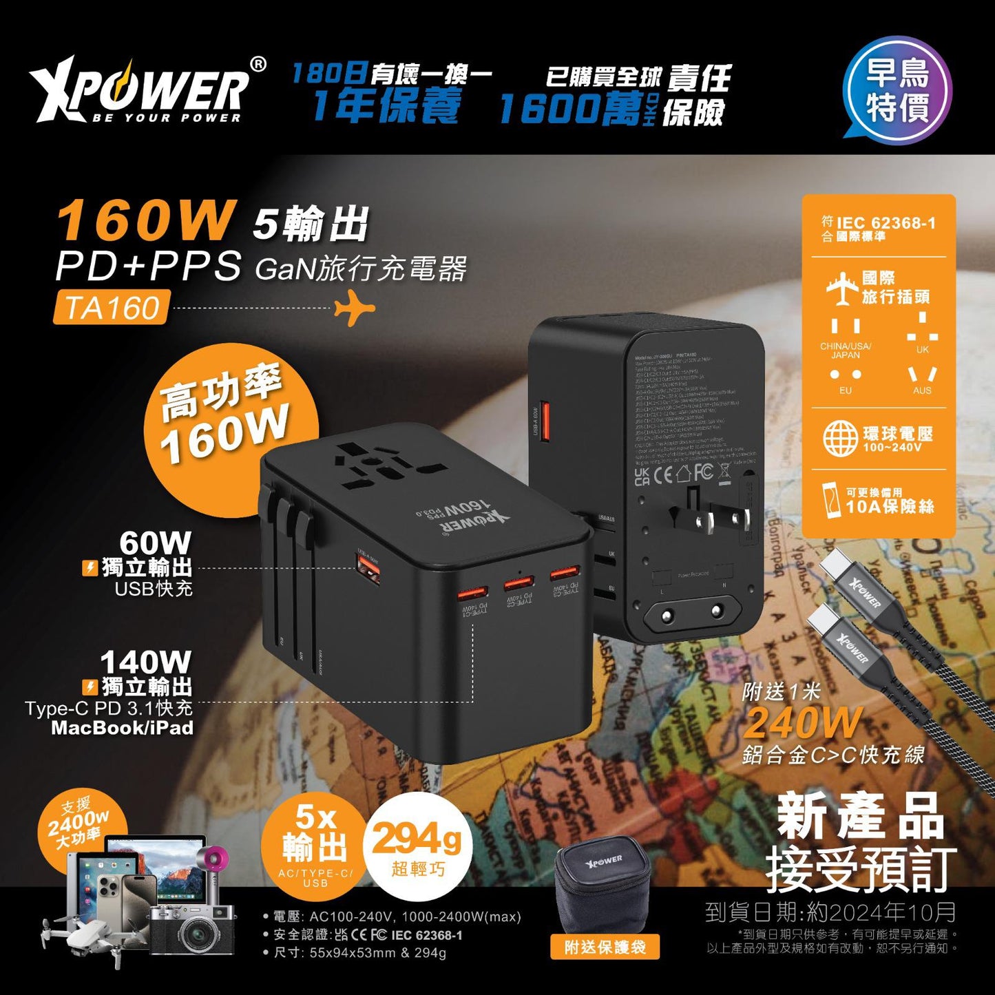 TA160 160W 5輸出 PD 3.1/PPS Gan旅行充電器