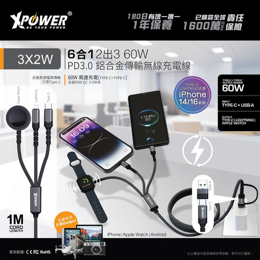 3X2W 6合1 2出3 60W PD3.0 鋁合金傳輸無線充電線